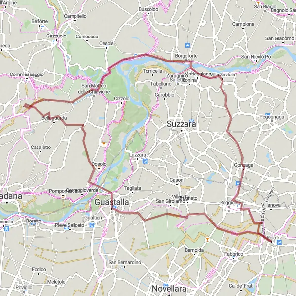 Miniaturní mapa "Scenic Gravel Circuit near Rolo" inspirace pro cyklisty v oblasti Emilia-Romagna, Italy. Vytvořeno pomocí plánovače tras Tarmacs.app