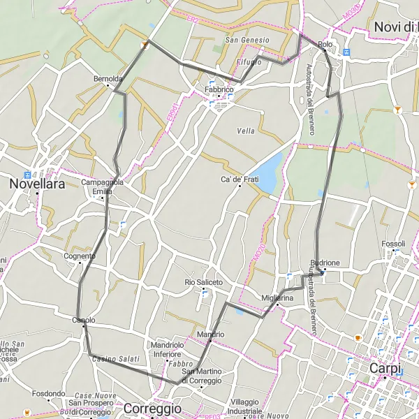 Map miniature of "Budrione Loop" cycling inspiration in Emilia-Romagna, Italy. Generated by Tarmacs.app cycling route planner