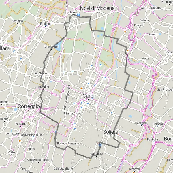 Miniatua del mapa de inspiración ciclista "Ruta de ciclismo en carretera desde Rolo" en Emilia-Romagna, Italy. Generado por Tarmacs.app planificador de rutas ciclistas
