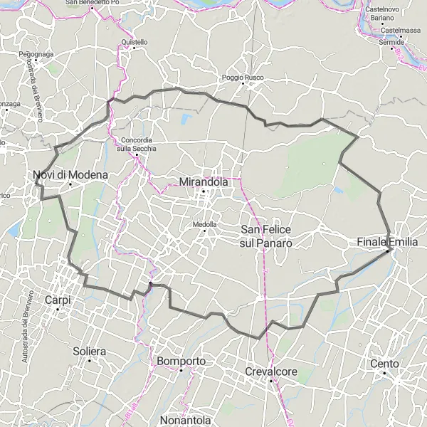 Miniatua del mapa de inspiración ciclista "Ruta de Carretera de Rolo a Fossoli" en Emilia-Romagna, Italy. Generado por Tarmacs.app planificador de rutas ciclistas