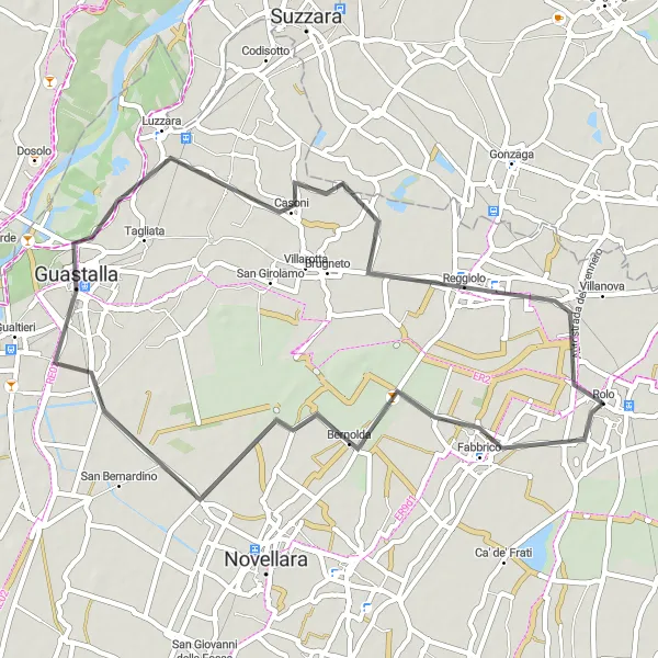 Miniatura della mappa di ispirazione al ciclismo "Avventurati tra Fabbrico e Reggiolo in sella alla tua bici" nella regione di Emilia-Romagna, Italy. Generata da Tarmacs.app, pianificatore di rotte ciclistiche