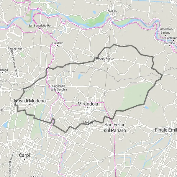 Miniatua del mapa de inspiración ciclista "Ruta de Rolo a Rovereto sulla Secchia" en Emilia-Romagna, Italy. Generado por Tarmacs.app planificador de rutas ciclistas