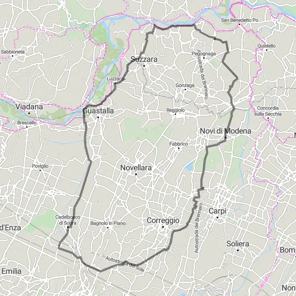 Kartminiatyr av "Historiske landsbyer og frodige daler" sykkelinspirasjon i Emilia-Romagna, Italy. Generert av Tarmacs.app sykkelrutoplanlegger
