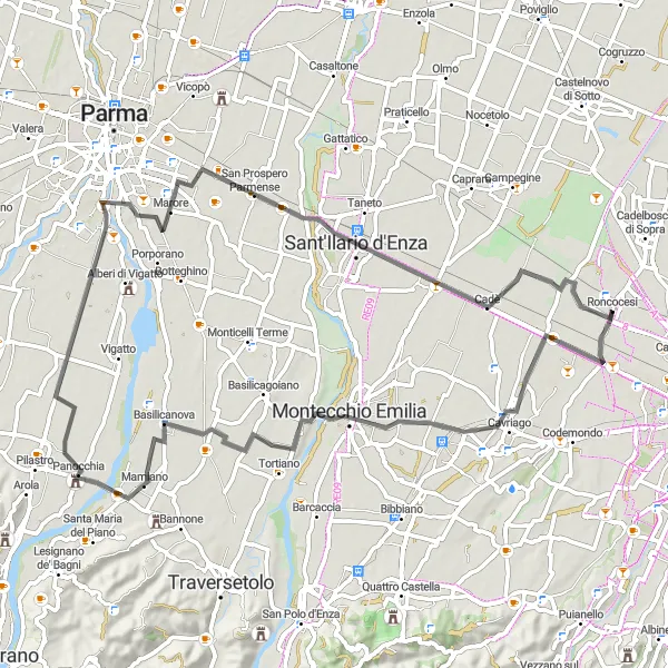 Miniatura della mappa di ispirazione al ciclismo "Giro in bicicletta da Roncocesi a Gaida" nella regione di Emilia-Romagna, Italy. Generata da Tarmacs.app, pianificatore di rotte ciclistiche