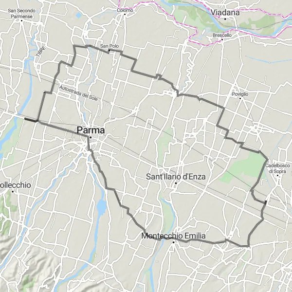 Map miniature of "Roncocesi - Montecchio Loop" cycling inspiration in Emilia-Romagna, Italy. Generated by Tarmacs.app cycling route planner