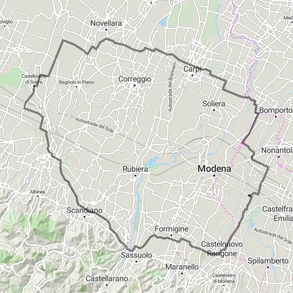 Map miniature of "Roncocesi-Cognento-Cavazzoli Round Trip" cycling inspiration in Emilia-Romagna, Italy. Generated by Tarmacs.app cycling route planner