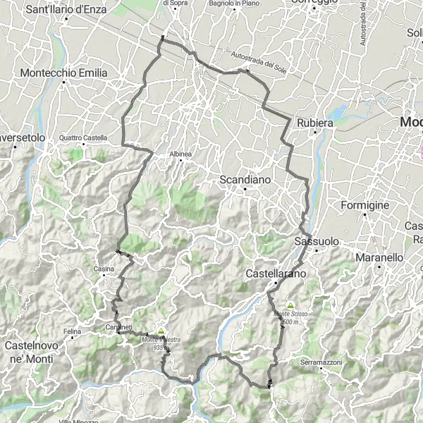 Miniature de la carte de l'inspiration cycliste "Grand Tour 134km" dans la Emilia-Romagna, Italy. Générée par le planificateur d'itinéraire cycliste Tarmacs.app