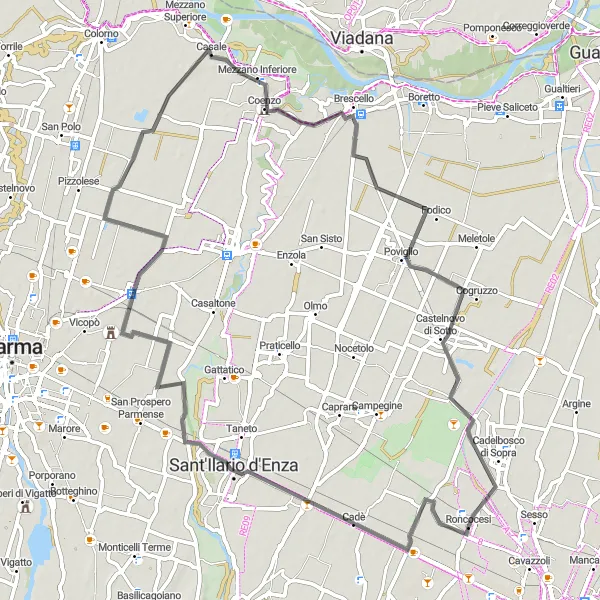 Miniatura della mappa di ispirazione al ciclismo "Road circolare da Roncocesi a Gaida" nella regione di Emilia-Romagna, Italy. Generata da Tarmacs.app, pianificatore di rotte ciclistiche