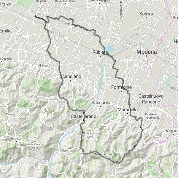 Mapa miniatúra "Serramazzoni Mountain Challenge" cyklistická inšpirácia v Emilia-Romagna, Italy. Vygenerované cyklistickým plánovačom trás Tarmacs.app