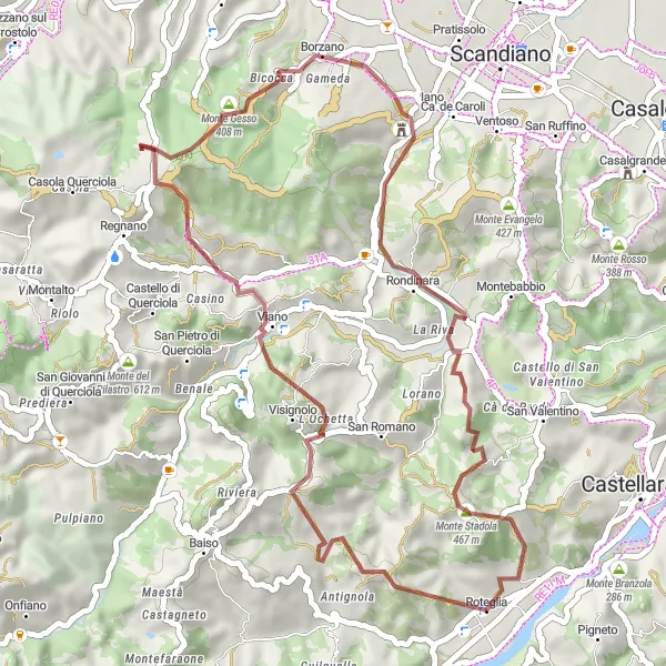 Miniatua del mapa de inspiración ciclista "Ruta de ciclismo de montaña a Maestà Nera y Borzano" en Emilia-Romagna, Italy. Generado por Tarmacs.app planificador de rutas ciclistas