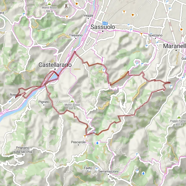 Kartminiatyr av "Grusvei Rundtur fra Roteglia" sykkelinspirasjon i Emilia-Romagna, Italy. Generert av Tarmacs.app sykkelrutoplanlegger