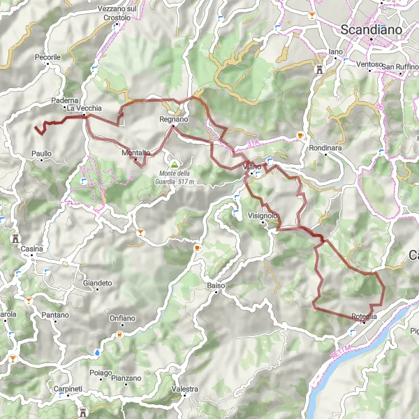 Miniatura della mappa di ispirazione al ciclismo "Percorso in bicicletta gravel da Roteglia a Viano" nella regione di Emilia-Romagna, Italy. Generata da Tarmacs.app, pianificatore di rotte ciclistiche