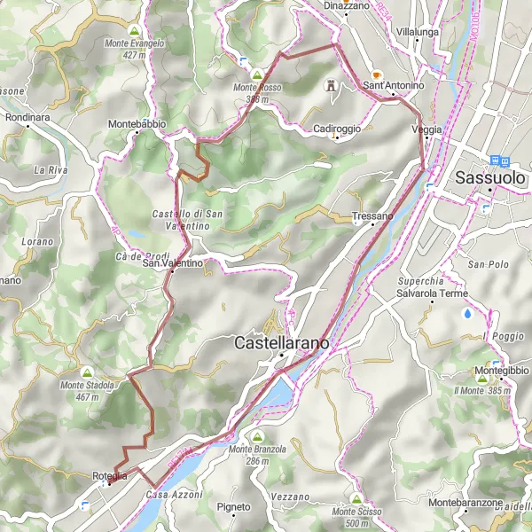Miniaturekort af cykelinspirationen "Gruscykelrute til Monte della Croce" i Emilia-Romagna, Italy. Genereret af Tarmacs.app cykelruteplanlægger
