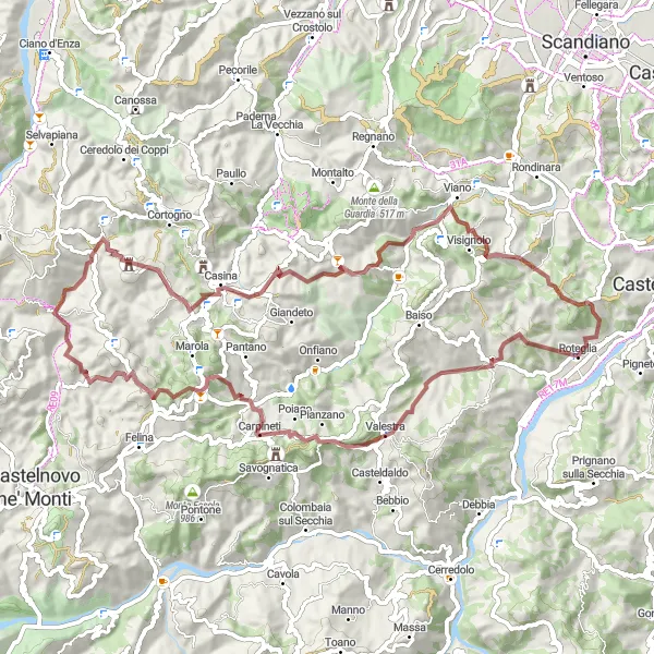 Map miniature of "Roteglia Gravel Loop" cycling inspiration in Emilia-Romagna, Italy. Generated by Tarmacs.app cycling route planner