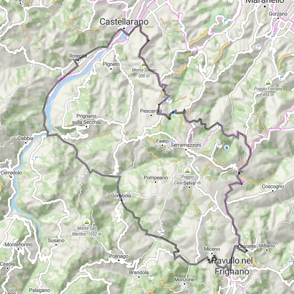 Kartminiatyr av "Historiska platser och backar runt Pavullo nel Frignano" cykelinspiration i Emilia-Romagna, Italy. Genererad av Tarmacs.app cykelruttplanerare