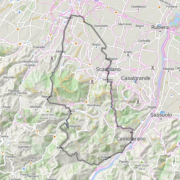 Zemljevid v pomanjšavi "Roteglia - Baiso - Monte Lusino - Monte Video - Canali - Ventoso - Tre Croci - Castellarano - Monte Branzola" kolesarske inspiracije v Emilia-Romagna, Italy. Generirano z načrtovalcem kolesarskih poti Tarmacs.app