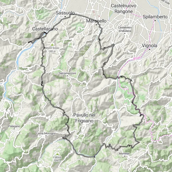 Mapa miniatúra "Výzva cez Monte Orsello a Monte Maiolo" cyklistická inšpirácia v Emilia-Romagna, Italy. Vygenerované cyklistickým plánovačom trás Tarmacs.app