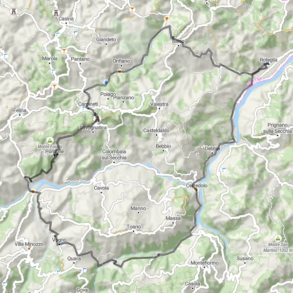 Miniature de la carte de l'inspiration cycliste "Parcours Road de la Maestà Nera et du Monte Castellaro" dans la Emilia-Romagna, Italy. Générée par le planificateur d'itinéraire cycliste Tarmacs.app