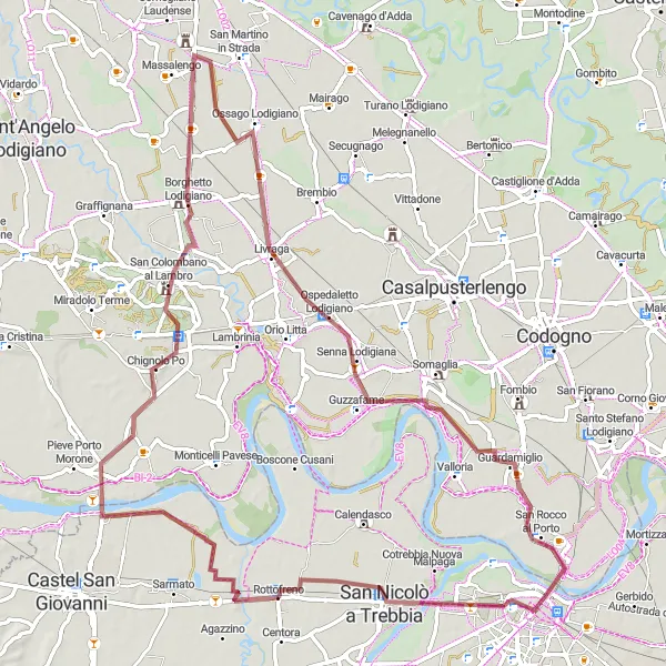 Miniatua del mapa de inspiración ciclista "Ruta de ciclismo de grava desde Rottofreno a San Nicolò a Trebbia" en Emilia-Romagna, Italy. Generado por Tarmacs.app planificador de rutas ciclistas
