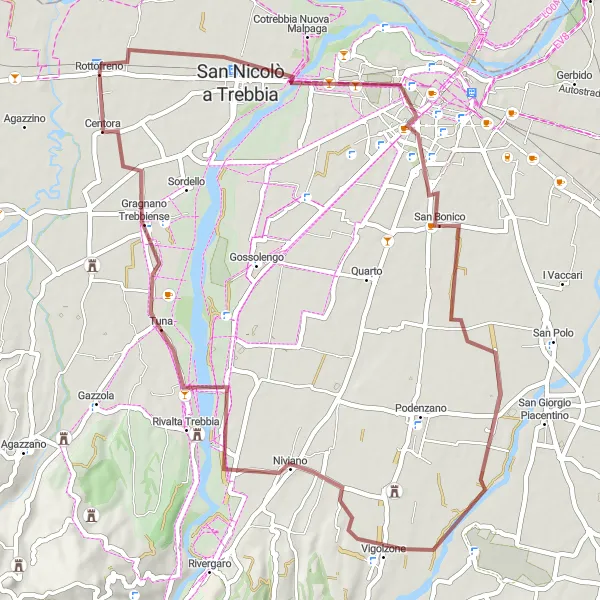 Mapa miniatúra "Gravelová jazda cez údolie Trebbia" cyklistická inšpirácia v Emilia-Romagna, Italy. Vygenerované cyklistickým plánovačom trás Tarmacs.app