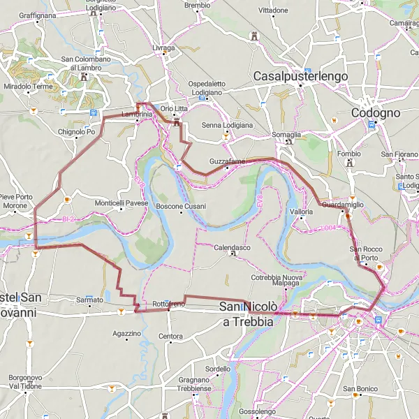 Miniatua del mapa de inspiración ciclista "Ruta por Bosco Tosca y Piacenza" en Emilia-Romagna, Italy. Generado por Tarmacs.app planificador de rutas ciclistas