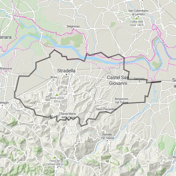 Mapa miniatúra "Cyklistická trasa okolo Rottofrena - Borgonovo Val Tidone, Santa Maria della Versa, Lirio, Barbianello, Sarmato" cyklistická inšpirácia v Emilia-Romagna, Italy. Vygenerované cyklistickým plánovačom trás Tarmacs.app
