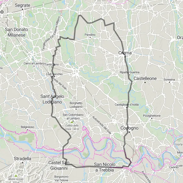 Mapa miniatúra "Cyklistická trasa okolo Rottofrena - Sarmato, Miradolo Terme, Lodi Vecchio, Zelo Buon Persico, Agnadello, Campagnola Cremasca, Castiglione d'Adda, Piacenza, San Nicolò a Trebbia" cyklistická inšpirácia v Emilia-Romagna, Italy. Vygenerované cyklistickým plánovačom trás Tarmacs.app