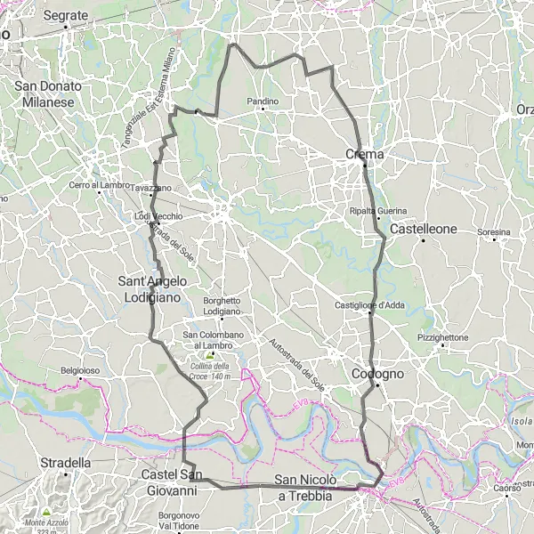 Miniatura della mappa di ispirazione al ciclismo "Giro panoramico da Rottofreno a Piacenza" nella regione di Emilia-Romagna, Italy. Generata da Tarmacs.app, pianificatore di rotte ciclistiche