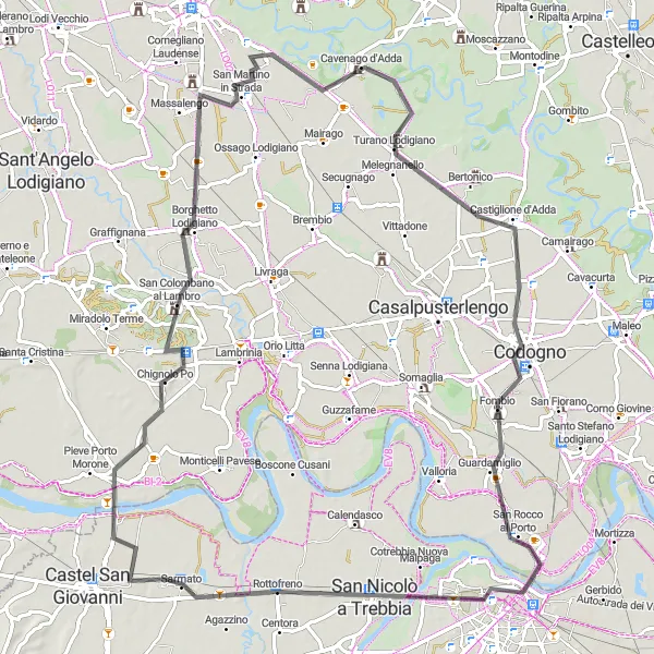 Miniature de la carte de l'inspiration cycliste "Route de Piacenza à San Nicolò a Trebbia" dans la Emilia-Romagna, Italy. Générée par le planificateur d'itinéraire cycliste Tarmacs.app