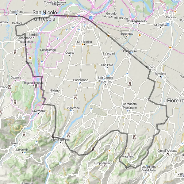 Miniature de la carte de l'inspiration cycliste "Défi sportif de Piacenza à Gragnano Trebbiense" dans la Emilia-Romagna, Italy. Générée par le planificateur d'itinéraire cycliste Tarmacs.app