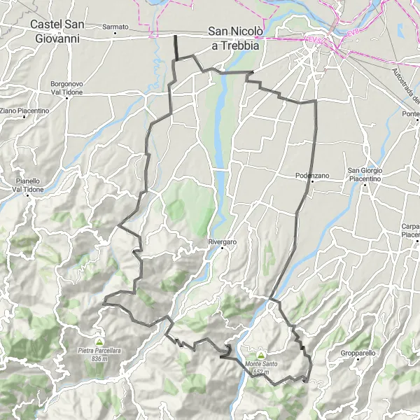 Mapa miniatúra "Cyklistická trasa okolo Rottofrena - San Bonico, Vigolzone, Biana, Costa del Bulla, Piozzano, Campremoldo di Sopra" cyklistická inšpirácia v Emilia-Romagna, Italy. Vygenerované cyklistickým plánovačom trás Tarmacs.app