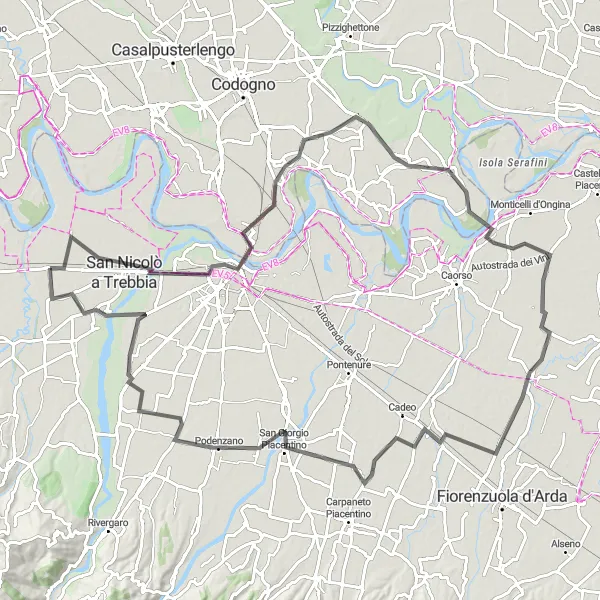 Mapa miniatúra "Okruh Piacenza" cyklistická inšpirácia v Emilia-Romagna, Italy. Vygenerované cyklistickým plánovačom trás Tarmacs.app