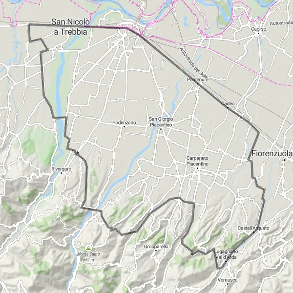 Miniature de la carte de l'inspiration cycliste "La boucle pittoresque de Piacenza" dans la Emilia-Romagna, Italy. Générée par le planificateur d'itinéraire cycliste Tarmacs.app