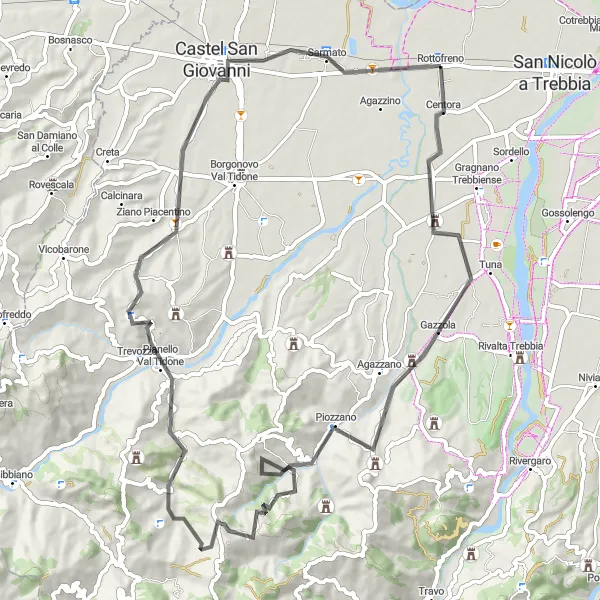 Miniature de la carte de l'inspiration cycliste "Les collines de Piacenza en route" dans la Emilia-Romagna, Italy. Générée par le planificateur d'itinéraire cycliste Tarmacs.app