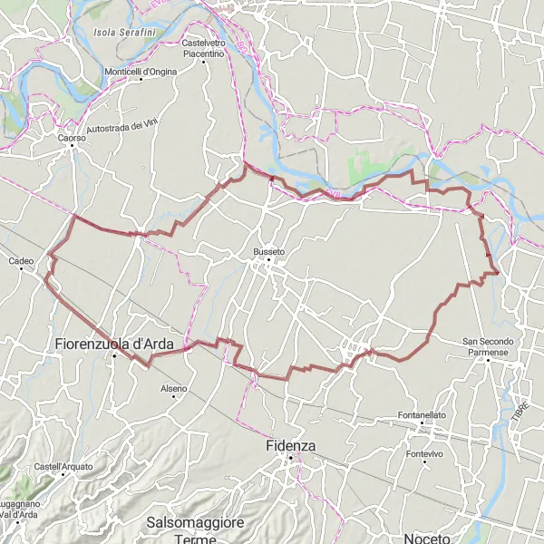 Miniature de la carte de l'inspiration cycliste "L'aventure gravel autour de Cortemaggiore" dans la Emilia-Romagna, Italy. Générée par le planificateur d'itinéraire cycliste Tarmacs.app