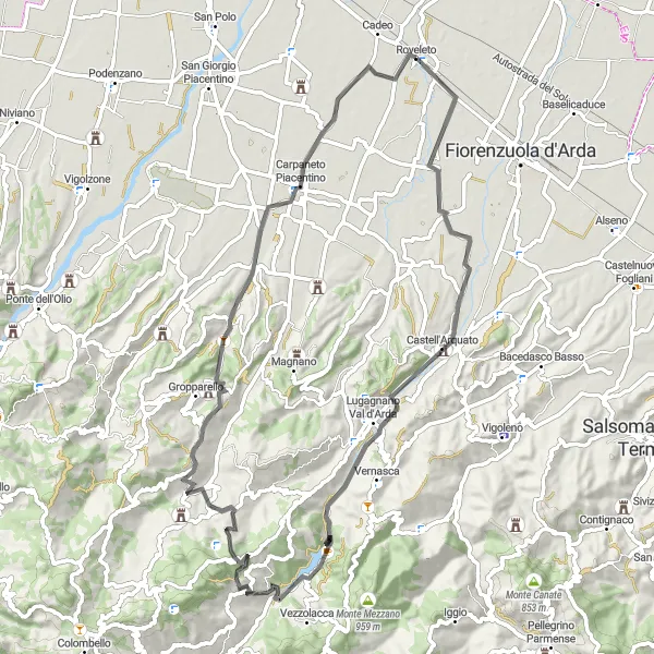 Miniature de la carte de l'inspiration cycliste "Le tour de Carpaneto Piacentino" dans la Emilia-Romagna, Italy. Générée par le planificateur d'itinéraire cycliste Tarmacs.app