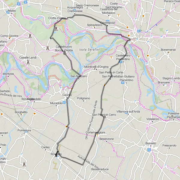 Kartminiatyr av "Byer og landskap rundt Cremona" sykkelinspirasjon i Emilia-Romagna, Italy. Generert av Tarmacs.app sykkelrutoplanlegger