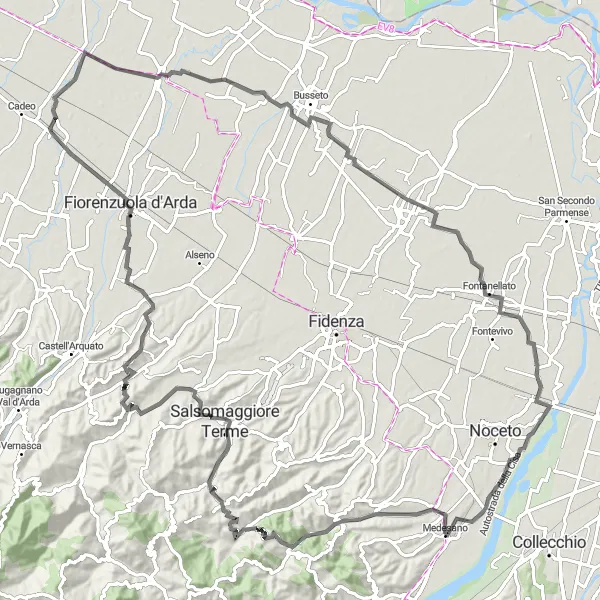 Miniaturní mapa "Výlet kolem Salsomaggiore Terme" inspirace pro cyklisty v oblasti Emilia-Romagna, Italy. Vytvořeno pomocí plánovače tras Tarmacs.app