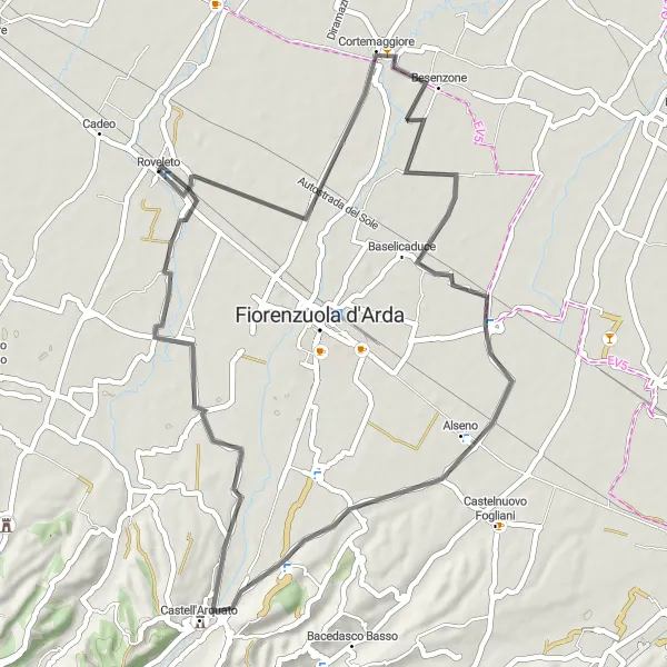 Zemljevid v pomanjšavi "Sproščujoča kolesarska avantura v bližini Roveleta" kolesarske inspiracije v Emilia-Romagna, Italy. Generirano z načrtovalcem kolesarskih poti Tarmacs.app