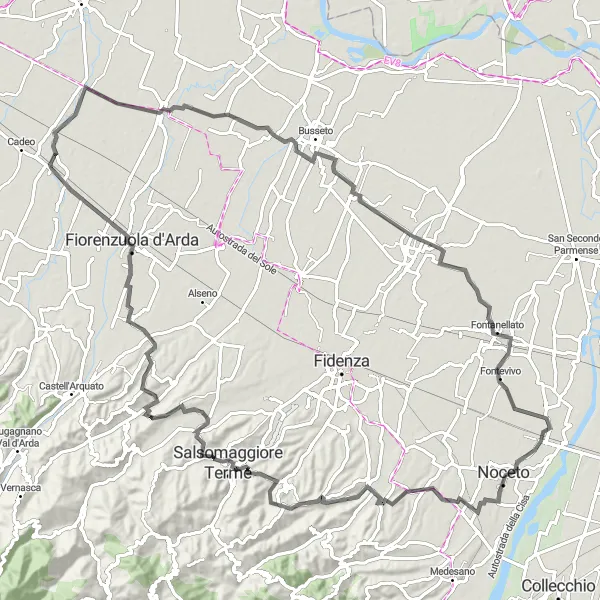 Kartminiatyr av "Stopp vid Rocca dei Sanvitale och Monte Castellazzo" cykelinspiration i Emilia-Romagna, Italy. Genererad av Tarmacs.app cykelruttplanerare