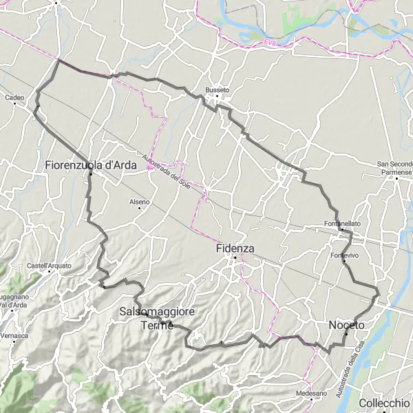 Karttaminiaatyyri "Haastava maantiepyöräilyreitti Roveletosta" pyöräilyinspiraatiosta alueella Emilia-Romagna, Italy. Luotu Tarmacs.app pyöräilyreittisuunnittelijalla