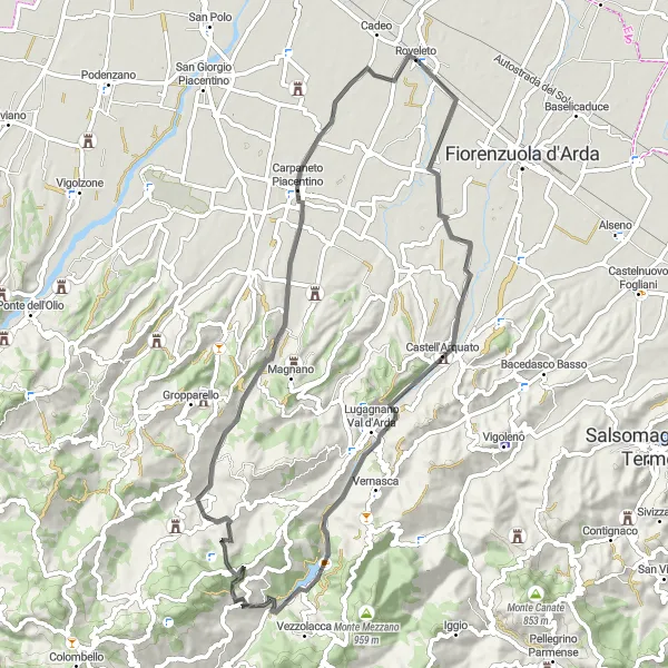 Kartminiatyr av "Cykeltur till Rocca Viscontea och Carpaneto Piacentino" cykelinspiration i Emilia-Romagna, Italy. Genererad av Tarmacs.app cykelruttplanerare