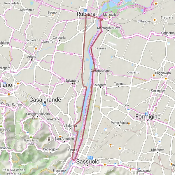 Karten-Miniaturansicht der Radinspiration "Kurze Rundfahrt von Rubiera" in Emilia-Romagna, Italy. Erstellt vom Tarmacs.app-Routenplaner für Radtouren