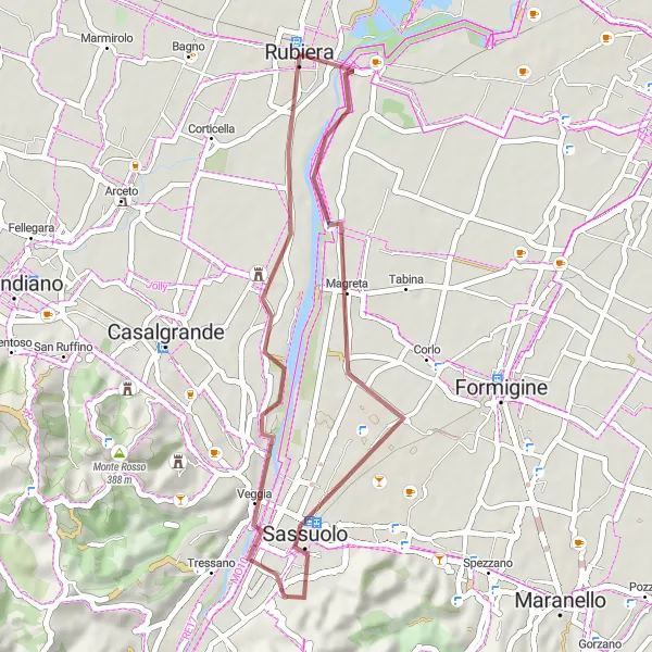 Miniature de la carte de l'inspiration cycliste "Les sentiers de gravel près de Rubiera" dans la Emilia-Romagna, Italy. Générée par le planificateur d'itinéraire cycliste Tarmacs.app
