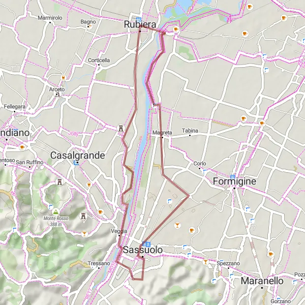 Miniatura della mappa di ispirazione al ciclismo "Avventuroso percorso in bici gravel da Rubiera passando per Sassuolo e Salvaterra" nella regione di Emilia-Romagna, Italy. Generata da Tarmacs.app, pianificatore di rotte ciclistiche