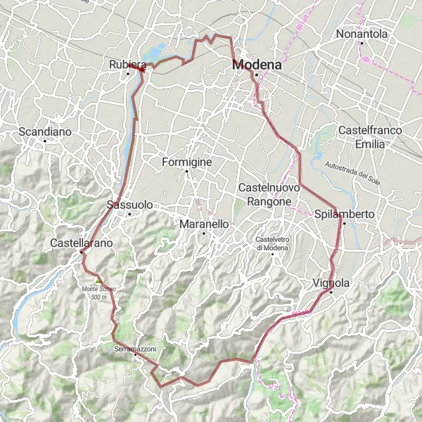Miniaturní mapa "Gravelový okruh kolem Rubiery a Modeny" inspirace pro cyklisty v oblasti Emilia-Romagna, Italy. Vytvořeno pomocí plánovače tras Tarmacs.app