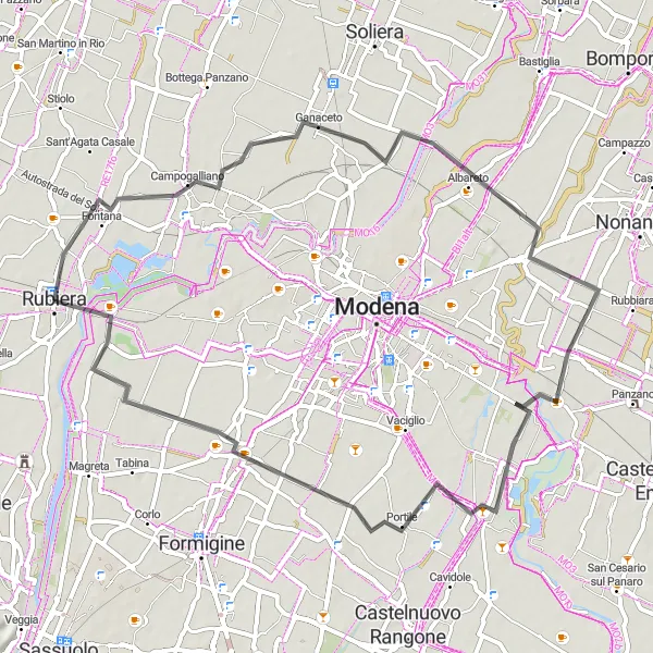 Miniaturní mapa "Silniční cyklotrasa okolo Rubiery" inspirace pro cyklisty v oblasti Emilia-Romagna, Italy. Vytvořeno pomocí plánovače tras Tarmacs.app