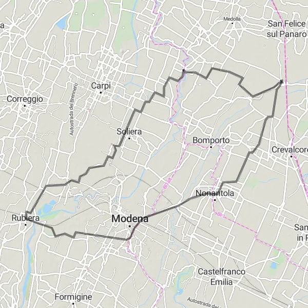 Miniatura della mappa di ispirazione al ciclismo "Itinerario ciclistico da Rubiera con tappe a Campogalliano, Soliera, Modena e Marzaglia" nella regione di Emilia-Romagna, Italy. Generata da Tarmacs.app, pianificatore di rotte ciclistiche