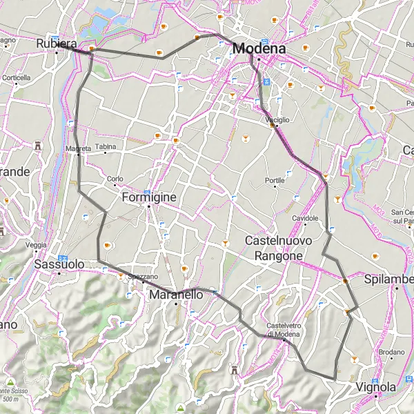 Miniatuurkaart van de fietsinspiratie "Roadroute van Modena naar Marzaglia Nuova" in Emilia-Romagna, Italy. Gemaakt door de Tarmacs.app fietsrouteplanner