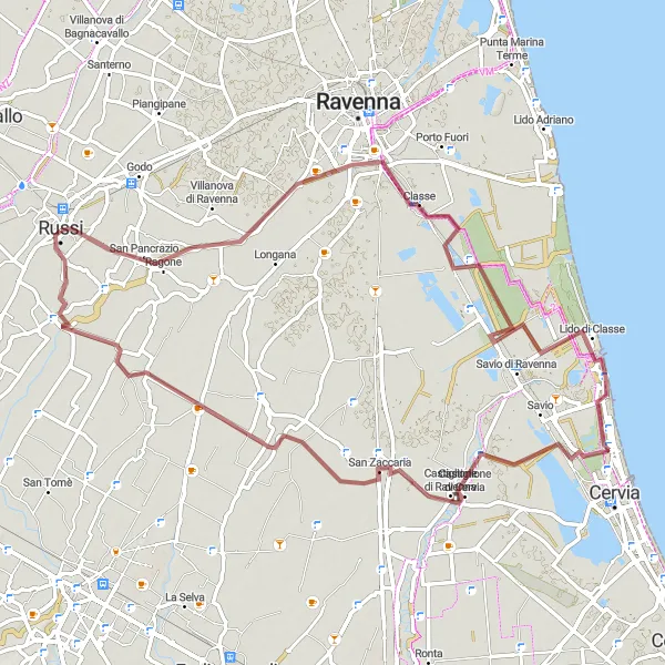 Miniatua del mapa de inspiración ciclista "Ruta de grava alrededor de Russi" en Emilia-Romagna, Italy. Generado por Tarmacs.app planificador de rutas ciclistas